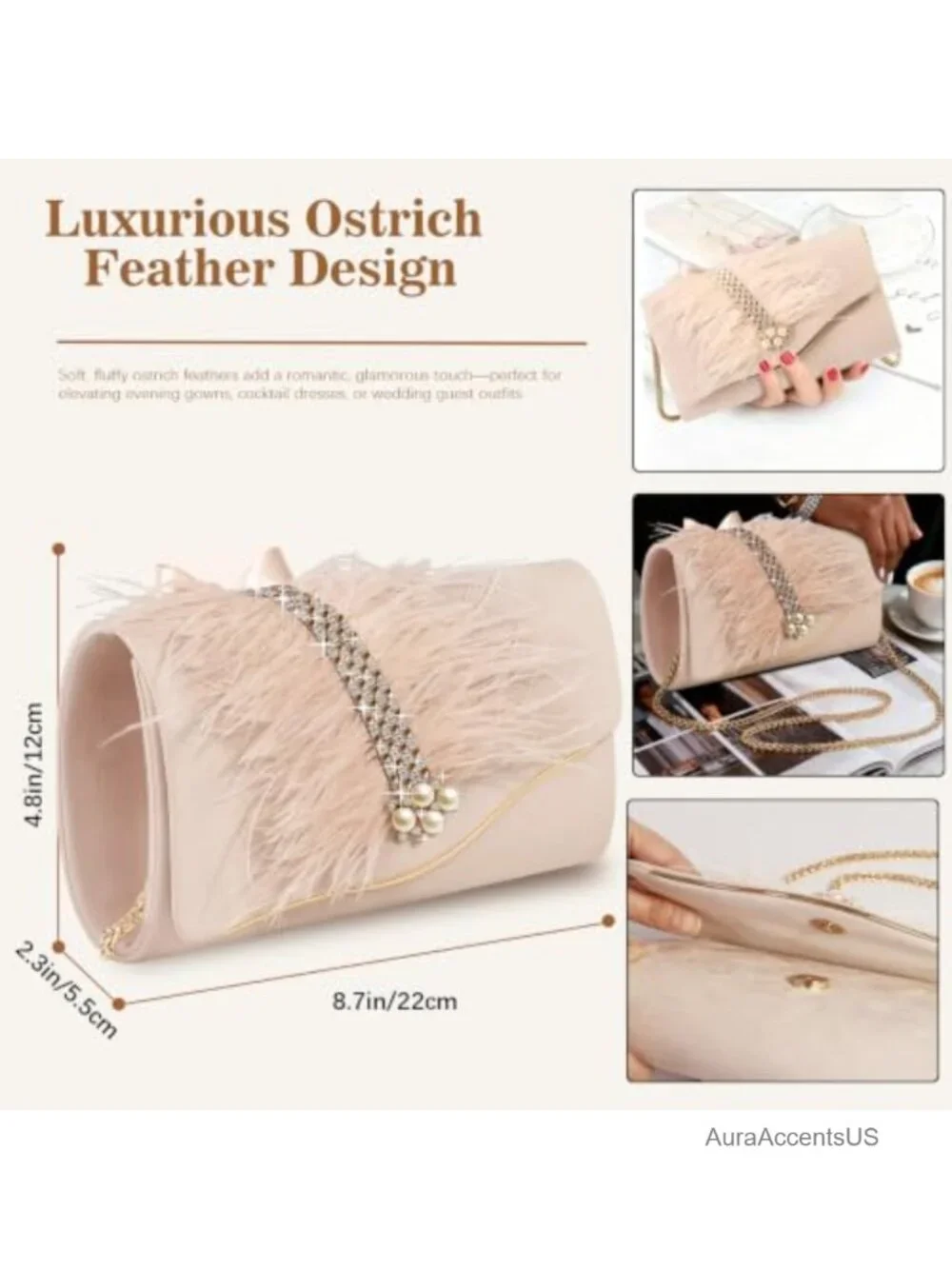 Faux Suede Envelope Clutch with Faux Feather Rhinestone Pearl Gold Crossbody